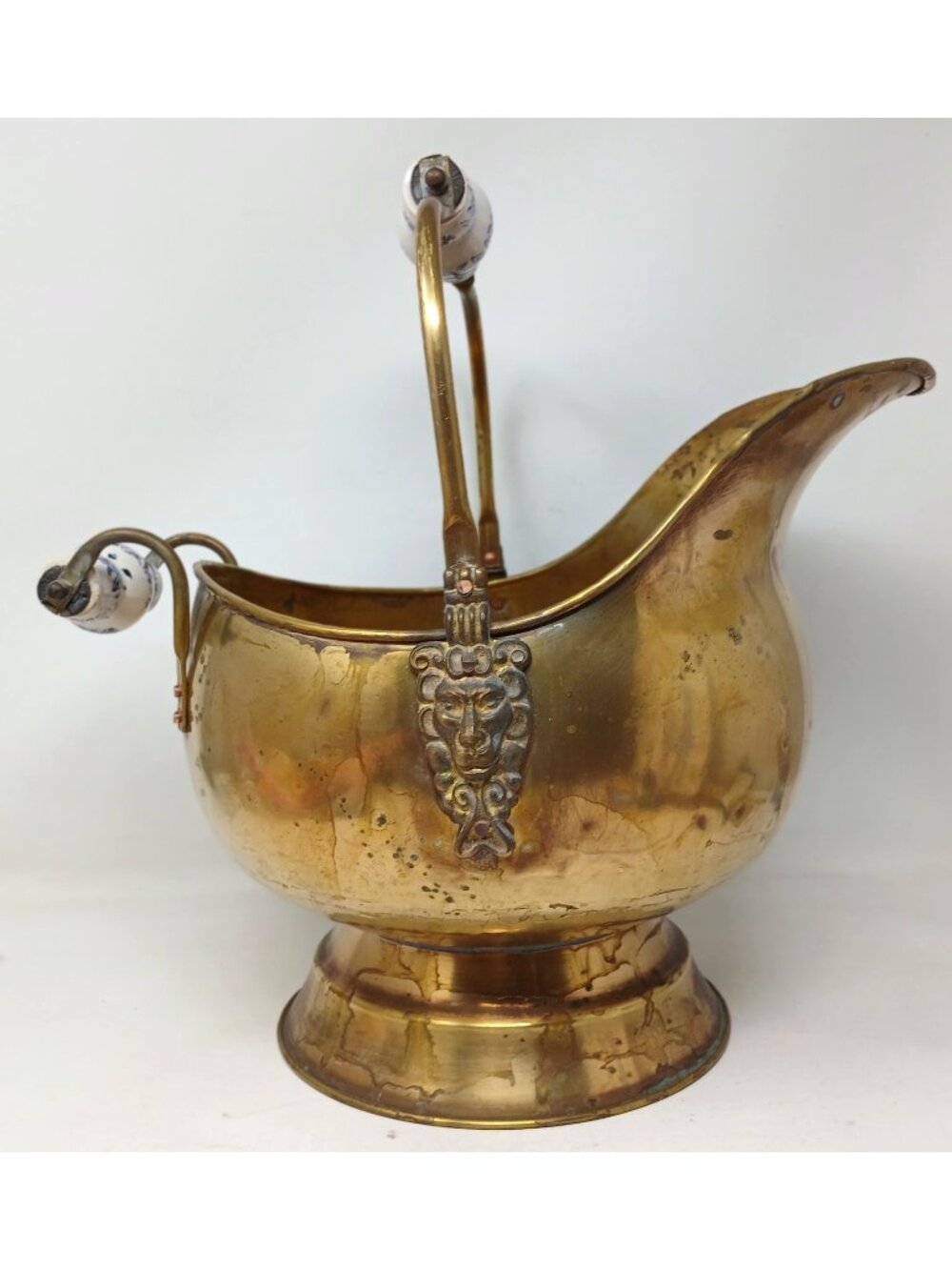 Vintage Brass Coal Scuttle With Delft Blue Handles & Lion Head Made Holland #SB